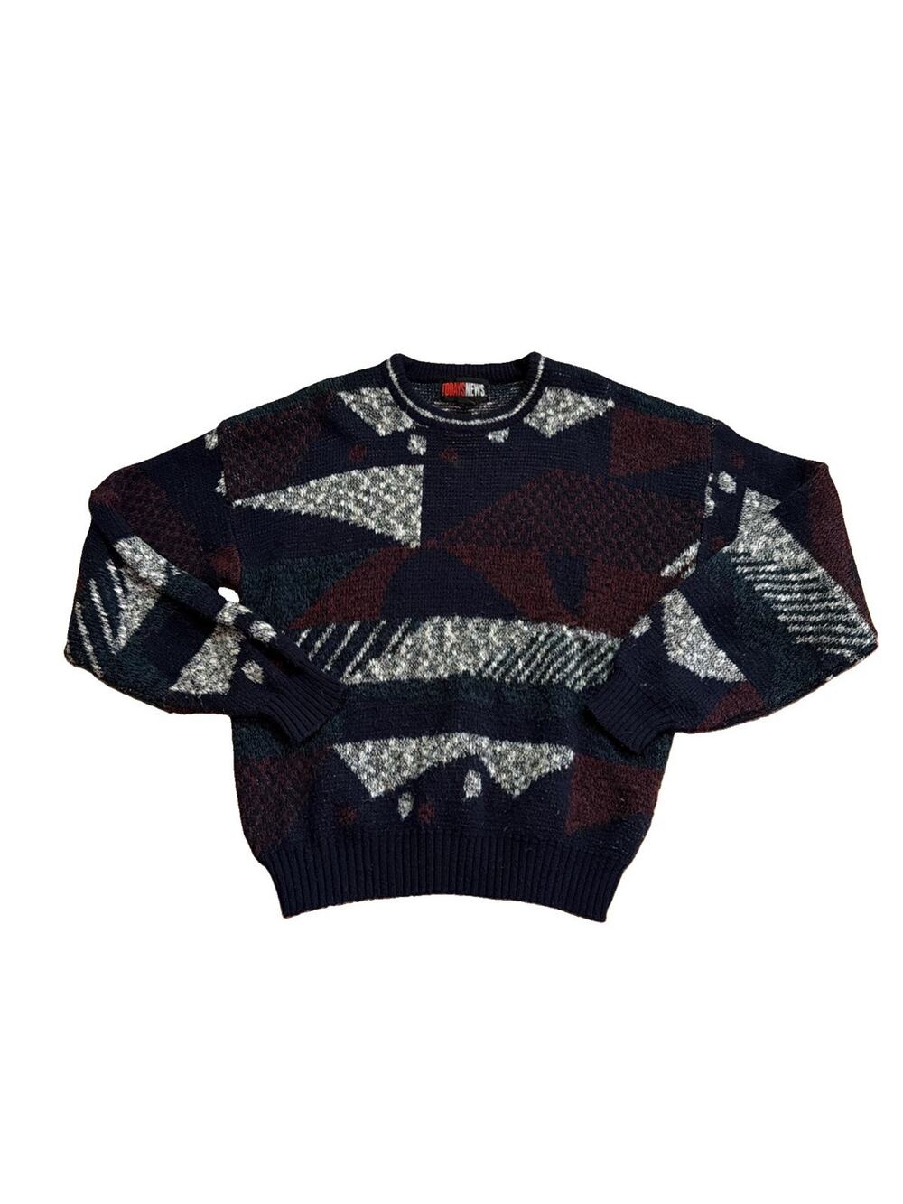 VTG Men's Todays News Sweater | L | Blu/Wht/Grn/Red Multi Color | Geometric
